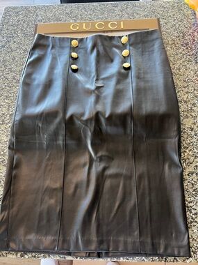 Black Faux Leather Gold Double Button Pencil Skirt